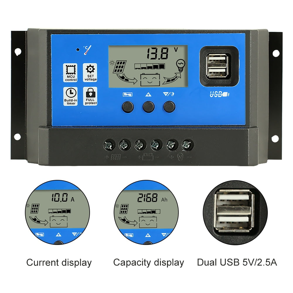PowMr PWM 60A 50A 40A 30A 20A 10A Solar Charge and Discharge Controller 12V 24V Auto LCD Solar Regulator with Dual USB 5V NEW