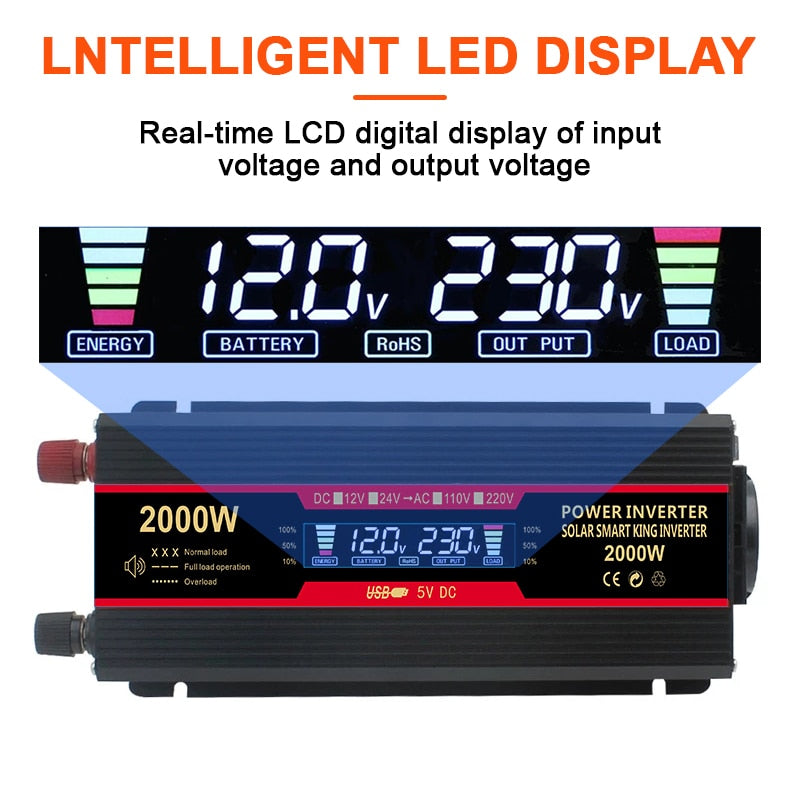 Solar-Wechselrichter, 12 V, 220 V, Wechselrichter, 1500 W, 2000 W, 2600 W, modifizierte Sinuswelle, LCD-Display, 2 USB-Autotransformatoren, Konvertierung in EU-Buchse