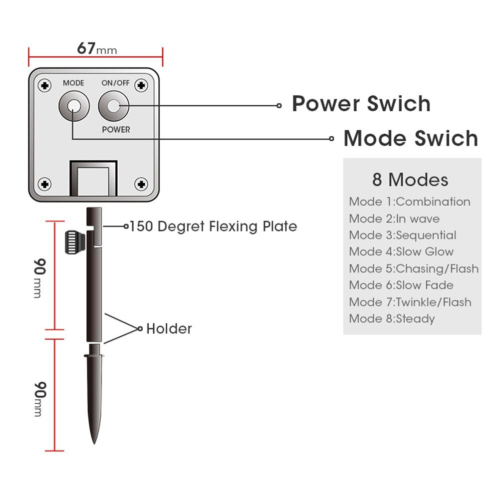 8 Modes Solar Light, 67mm MODE ON/OFF Power Swich POWER Mode