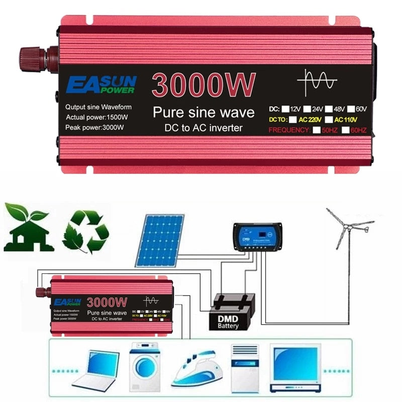 Inversor de onda sinusoidal pura 12V DC a AC 220V convertidor 3000w 2200w 1600w 1000w estabilizador 24V inversor Solar 50hz 60hz transformador