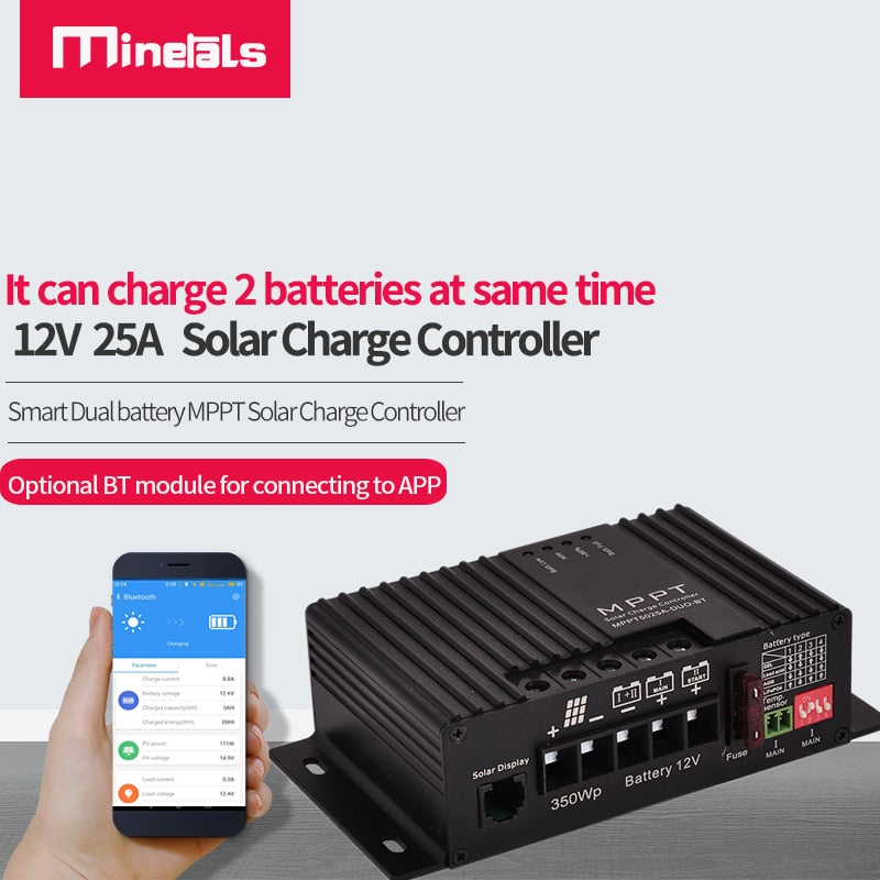 MPPT Controller 12v 25a Support Bluetooth APP Smart Solar Charging Controller Dual battery MPPT Solar Regulator For RV Regulator