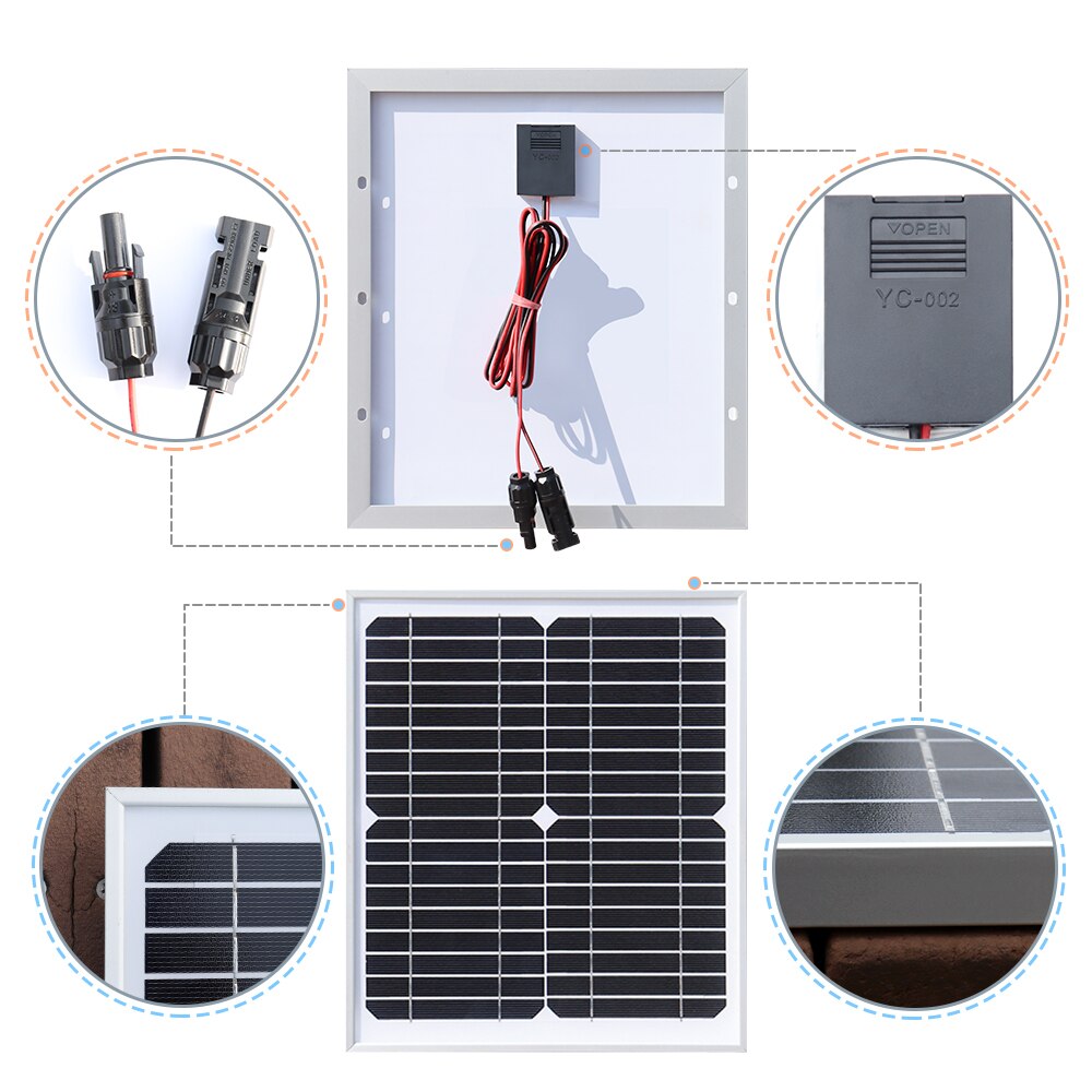 10W Rigid Solar Panel Tempered Glass Monocrystalline Solares Panels 12V Battery Charger Kit For Camping RV Yacht Street Light