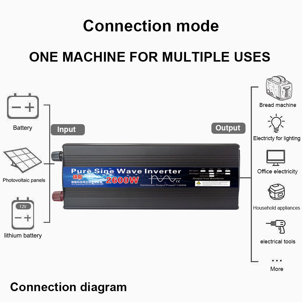 Pure Sine Wave Inverter 12V 24V - 110V 220V 1000w 2000w 2600w Inversor 12V 48V to 220V Power Solar Inverter Converter LED Display