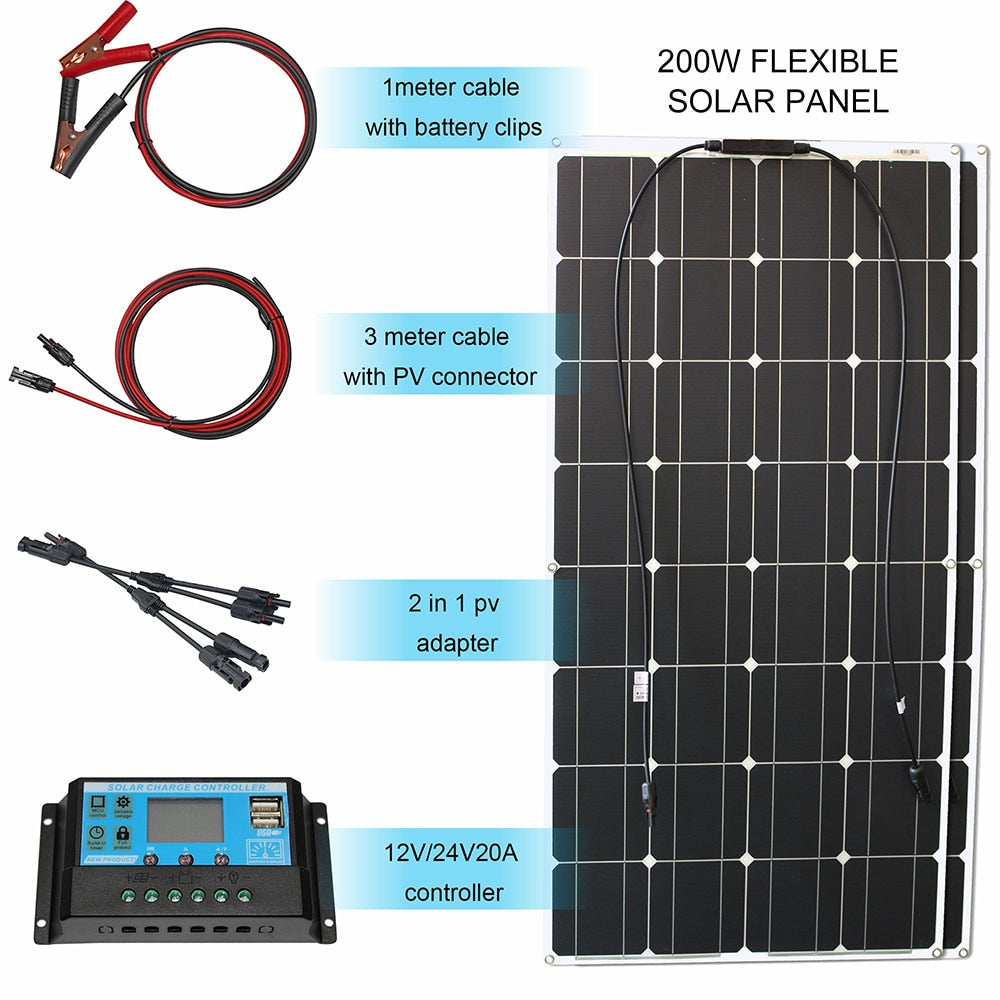 12v flexible solar panel, 200w FLEXIBLE Imeter cable V with battery clips SO