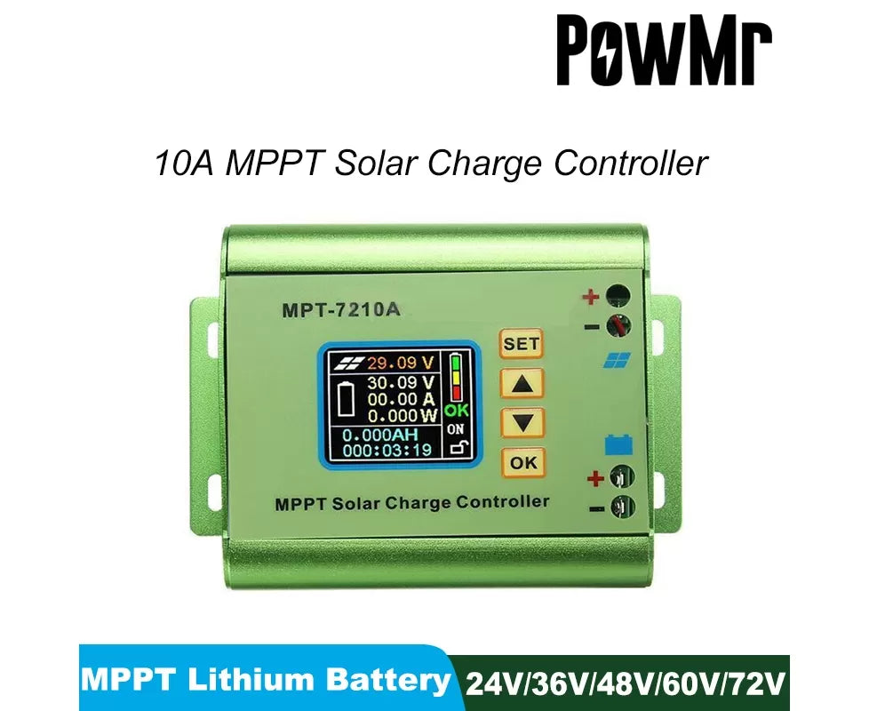 PowMr 10A MPPT Solar Charge Controller - Fit For 24V 36V 48V 60V 72V Lithium Battery Bank Solar Systems