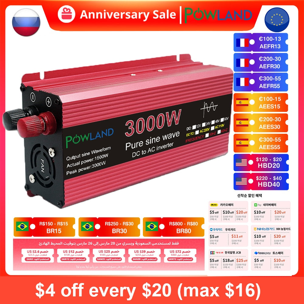 Inversor de onda senoidal pura DC 12V 24V para AC 110V 220V Tensão 1000W 1600W 2200W 3000W Transformador Conversor de energia Solar Car Inverte