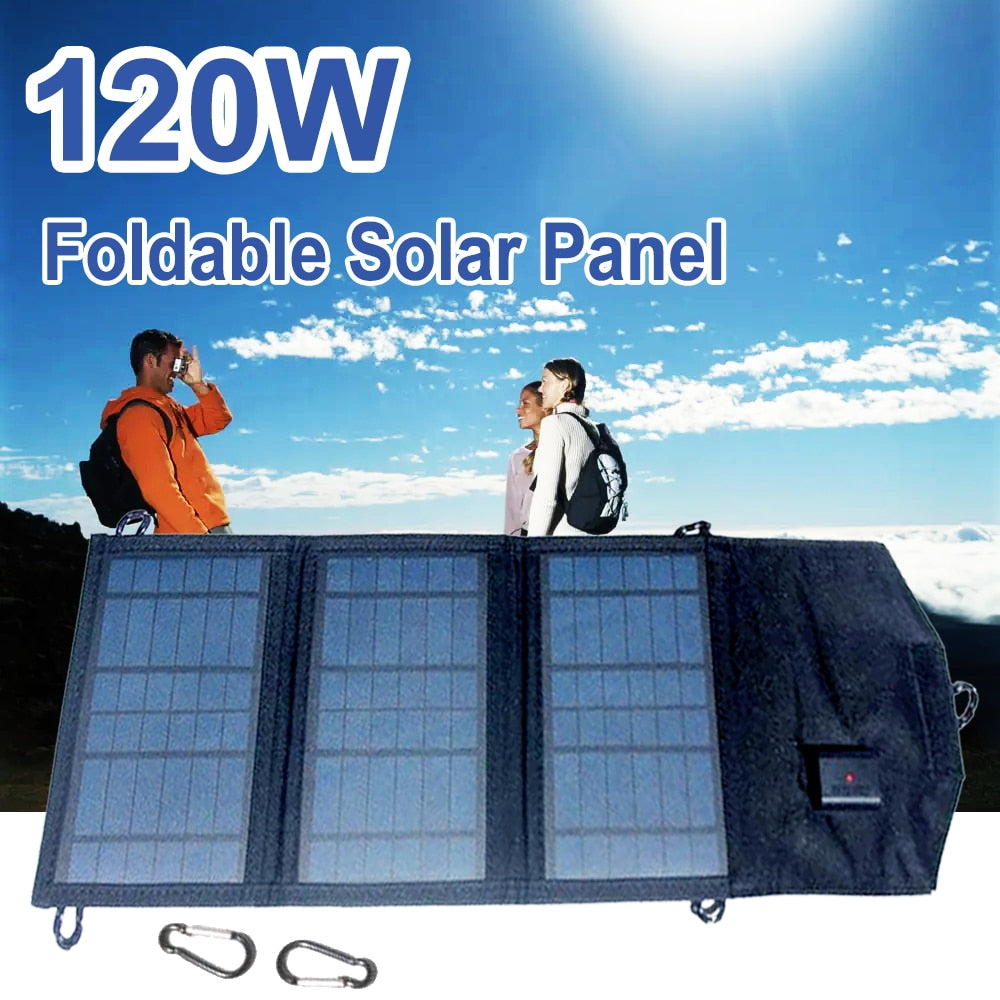 120W Foldable Solar Panel Charger 5V USB Output Plate Safe Charge Cell Solar Charger for Phone Home Outdoor Camp Backup Power