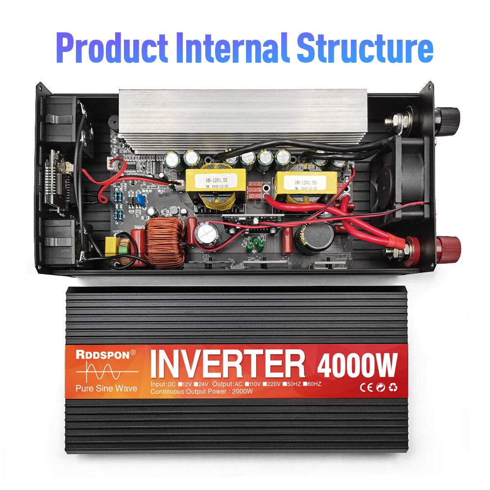 LED 3000W Pure Sine Wave Inverter DC 12V To AC 220V 50Hz Voltage dual outlet Transformer Converter Solar Off Grid Power Inverter