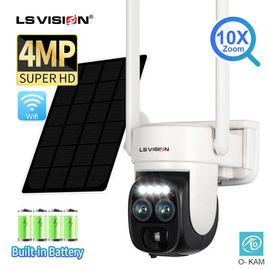 LS VISION LS-CS1 Solar Camera - 2K Dual Lens WIFI Outdoor 10X Optical Zoom Two-way Audio Color Night Vision Bulit-in Battery Security Cam