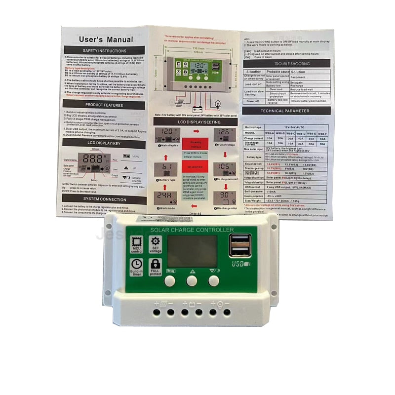 Regolatore di carica solare PWM Regolatore fotovoltaico 10A 20A 30A 12V 24V con display LCD per controller pannello solare 100W 200W 300W