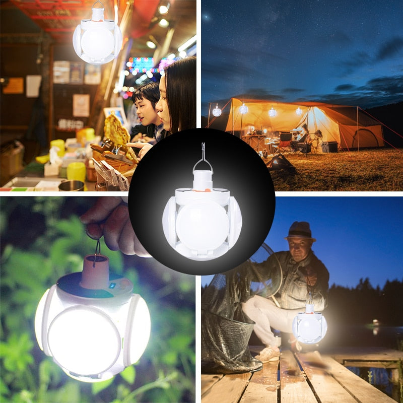 Lampada a LED solare portatile Lampada pieghevole da esterno ricaricabile USB Ricerca lampadina impermeabile Luci da campeggio Torcia Lampada di emergenza