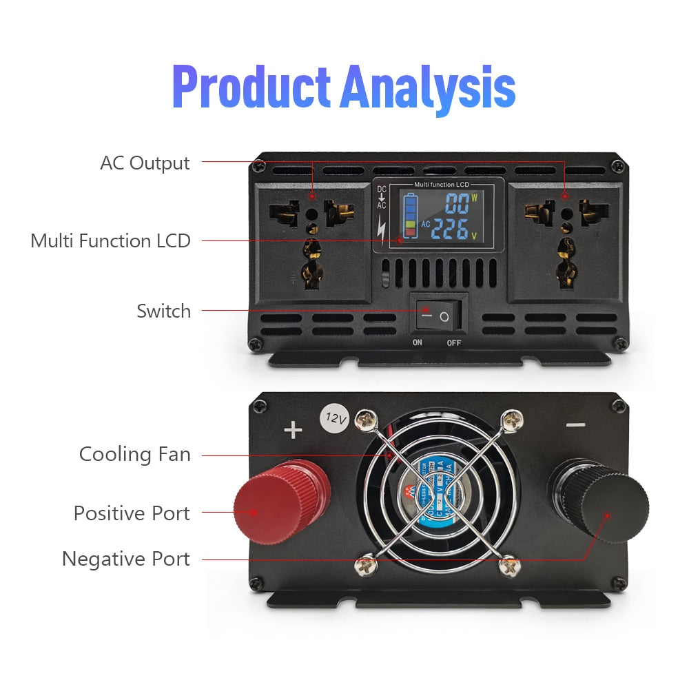 LED 3000W Pure Sine Wave Inverter DC 12V To AC 220V 50Hz Voltage dual outlet Transformer Converter Solar Off Grid Power Inverter