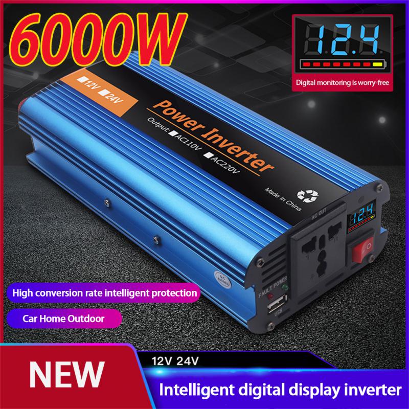 Inverter 12v/24v 220v 6000W Pure Sine Wave Solar Inverter Voltage Transformer Converter LED Display Usb Charging Dual Socket
