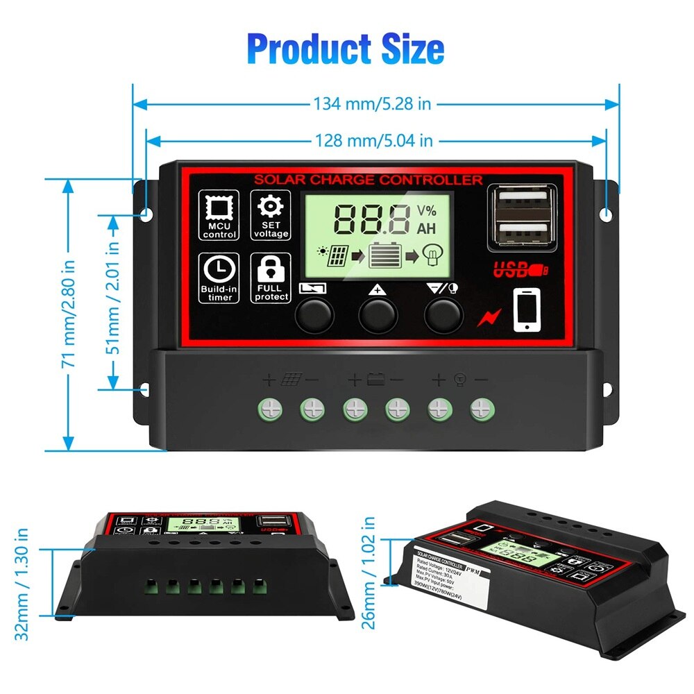 Regolatore di carica solare mppt 12v 24v 10A 20A 30A Regolatore solare Dual USB 5V Display LCD Pannello solare Regolatore batteria