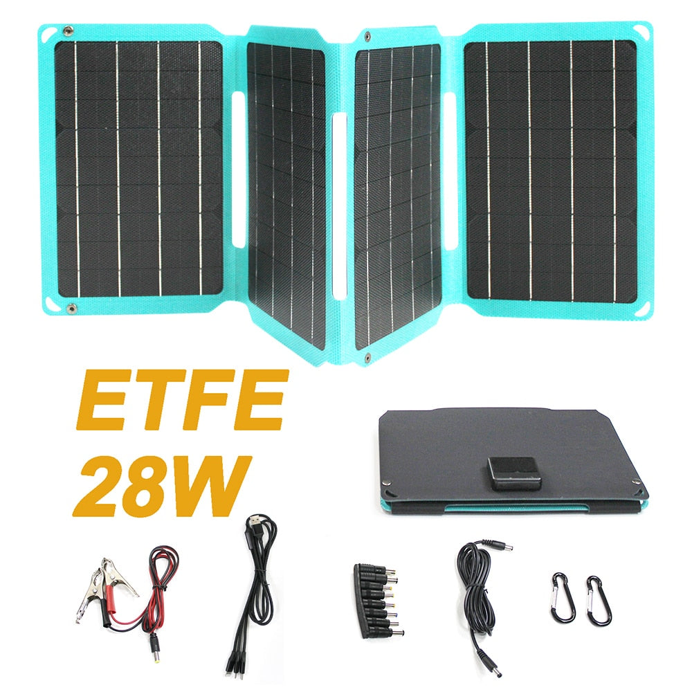 Caricatore per pannello solare portatile aggiornato 28W 21W 14W Doppio USB 5V 18V DC Pannello solare pieghevole da campeggio per carica telefono Power Bank