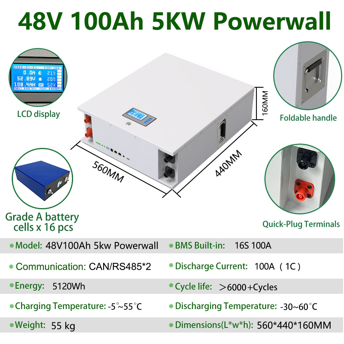 LiFePO4 Battery 48V 200Ah 10Kw Powerwall 51.2V Built-in BMS Parallel 320Kw With CAN RS485>6000 Cycles For Solar 10 Year Warranty