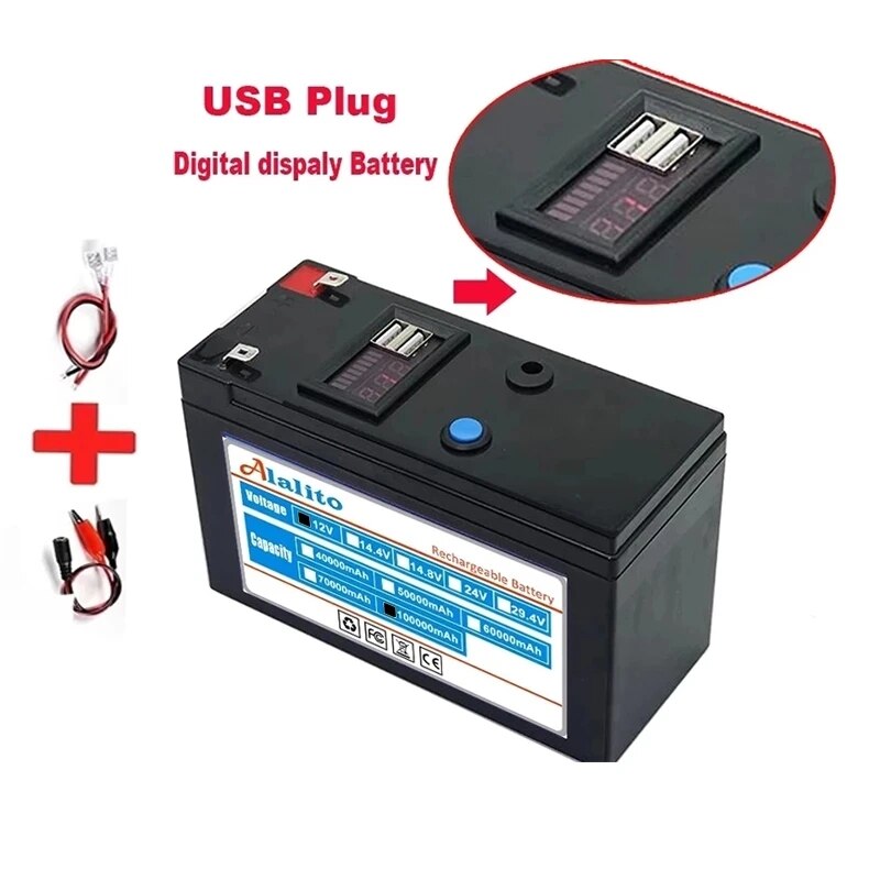 NewUSB Power Display 12v 100ah 18650 bateria de lítio é adequada para energia solar e bateria de veículo elétrico + carga de 12,6v