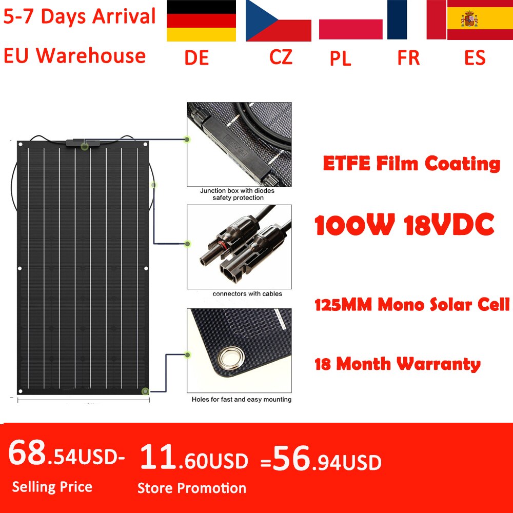 Solar Panel 100W 200W 300W 400W etfe Flexible Solar Panel With Monocrystalline Solar Cell 12V Battery Charger RV/Boat/Car