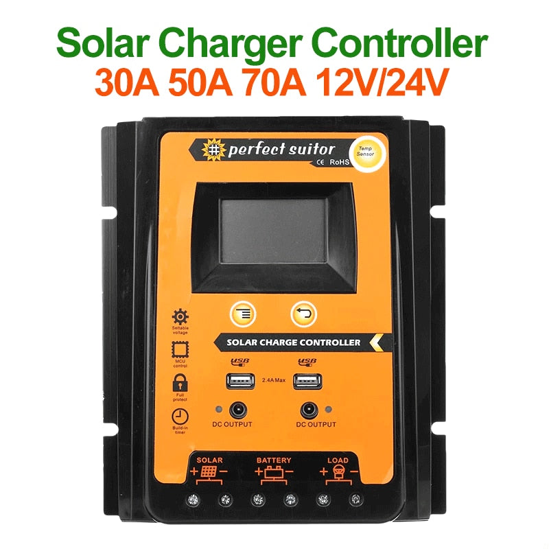 MPPT Solar Charge Controller 12V 24V 30A 50A 70A Photovoltaic Cell Controller Solar Panel Battery Regulator 2 USB 5V LCD Display