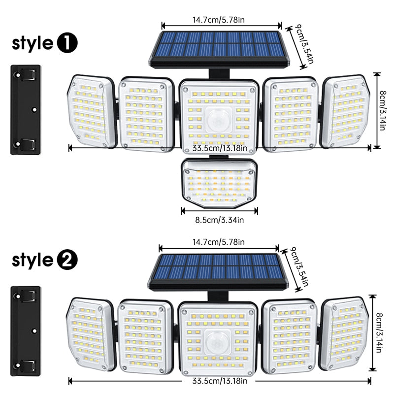 Solar Motion Sensor Flood Lights Outdoor 256/214LEDs 6 or 5 Heads 360° illumination IP65 Solar Security Lights White/Warm White