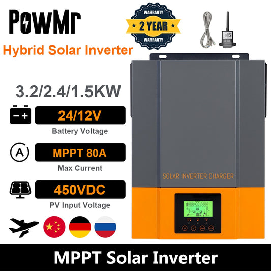 PowMr 1.5KW 2.4KW 3.2KW Hybrid Solar Inverter Charging 80A 12V/24V to 230V Photovoltaic Inversor &amp; MPPT Solar Charge Controller