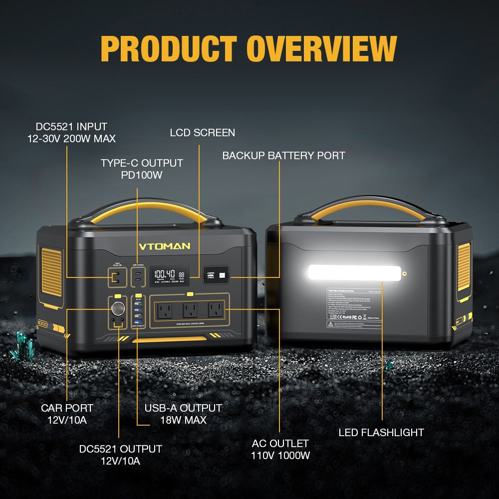 VTOMAN JUMP 1000 Portable Power Station 1408Wh Solar Generator 1000W Constant-Power LiFePO4 Battery For Outdoor Camping Home RV