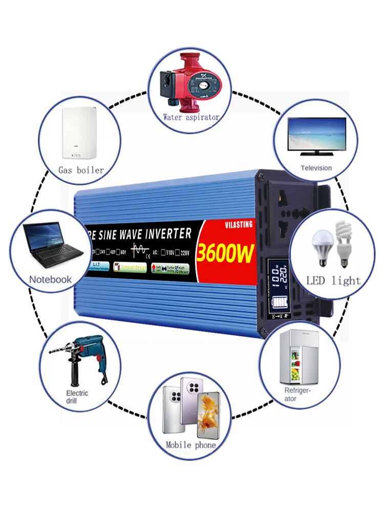 Inverter 12v/220v Pure Sine Wave  4000W 3000W 2000W DC To AC 50HZ Portable Power Smart LCD Display Power Car Solar Inverter