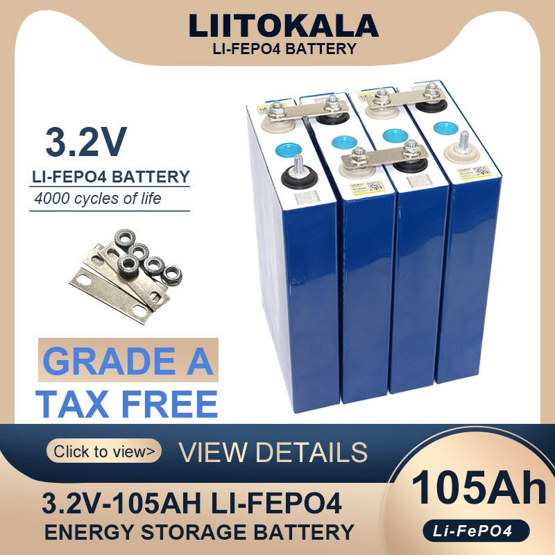 Liitokala 3.2V 105Ah LiFePO4 battery Lithium iron phospha DIY 4s 12V 24V Motorcycle Electric Car travel Solar Batteries TAX FREE
