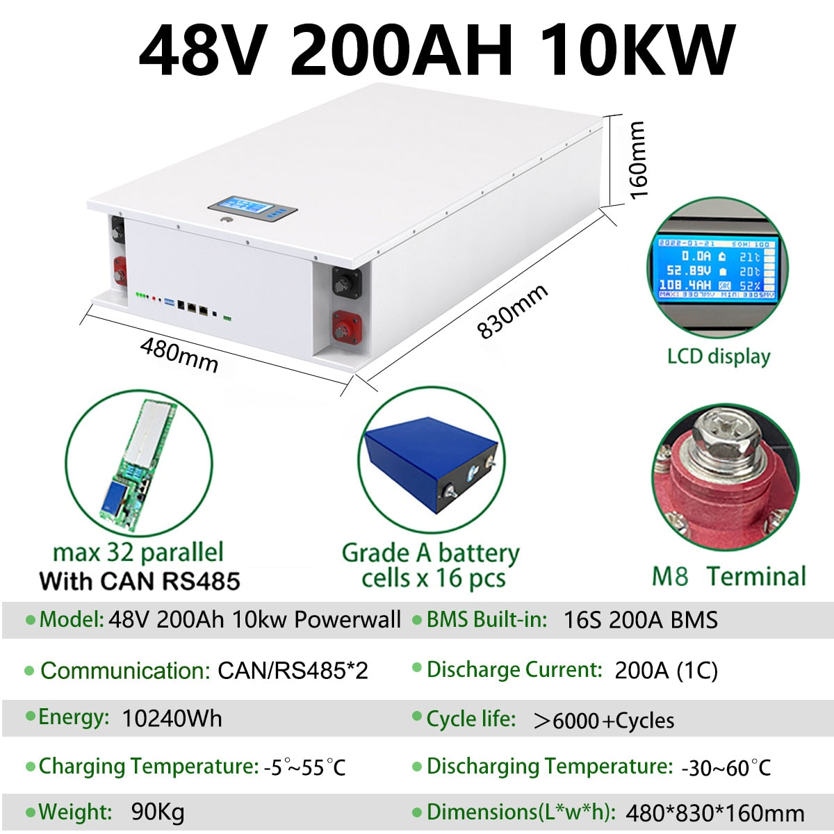 LiFePO4 Battery 48V 200Ah 10Kw Powerwall 51.2V Built-in BMS Parallel 320Kw With CAN RS485＞6000 Cycles For Solar 10 Year Warranty