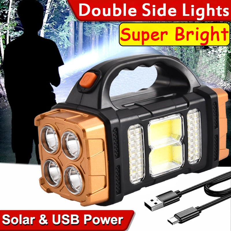 Portable Powerful Solar LED Flashlight With COB Work Lights USB Rechargeable Handheld 4 Lighting Modes Outdoor Solar Torch Light