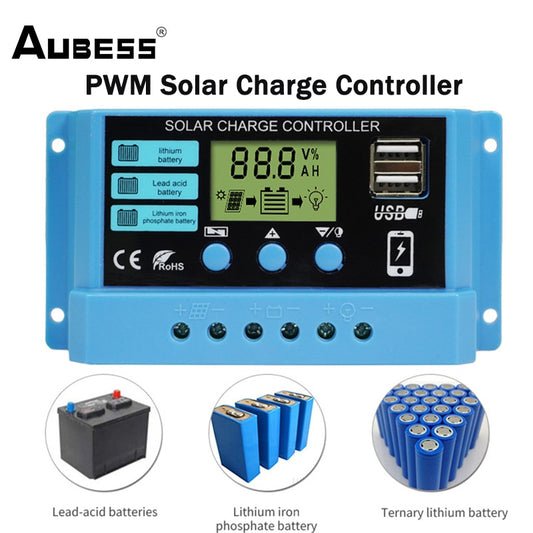 Aubess PWM Solar Charge Controller 10A 20A 30A 12V 24V PV Regulator With LCD Display For 100W 200W 300W Solar Panel Controllers