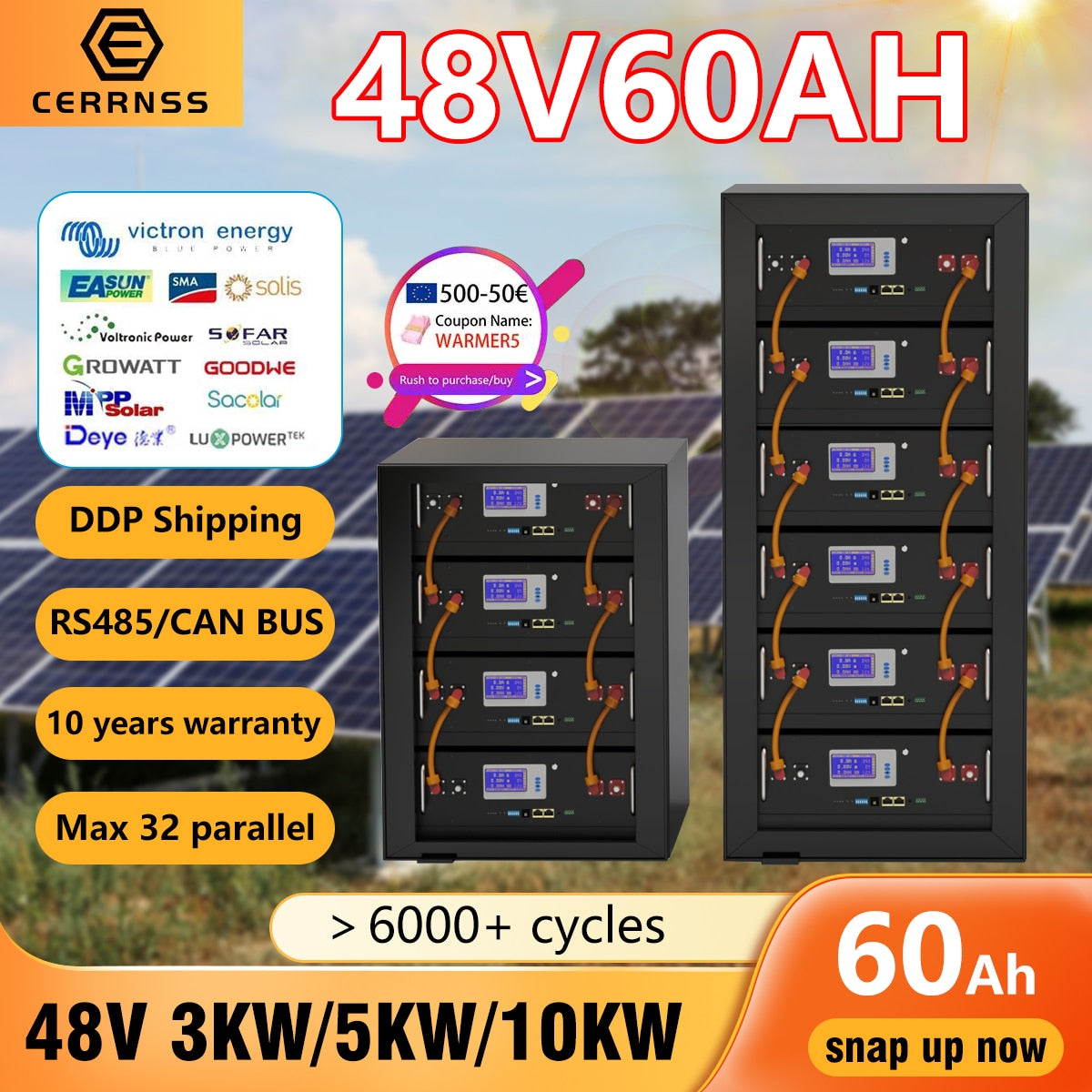 LiFePO4 48V 3KW Battery Pack 51.2V 60AH Lithium Solar Battery 6000+ Cycles RS485 CAN BUS DDP Shipping For Inverter 48V Battery