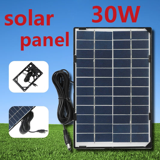 30W Portable Solar Panel Complete Kit 12V DC5521 for Outdoor Camera Security Supervision Yard Lamp Street Light Battery Charger