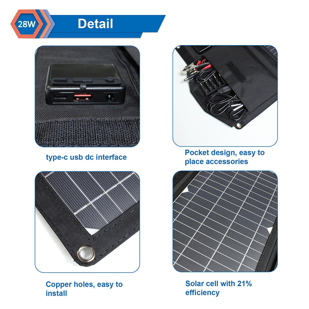 Caricatore per pannello solare portatile aggiornato 28W 21W 14W Doppio USB 5V 18V DC Pannello solare pieghevole da campeggio per carica telefono Power Bank