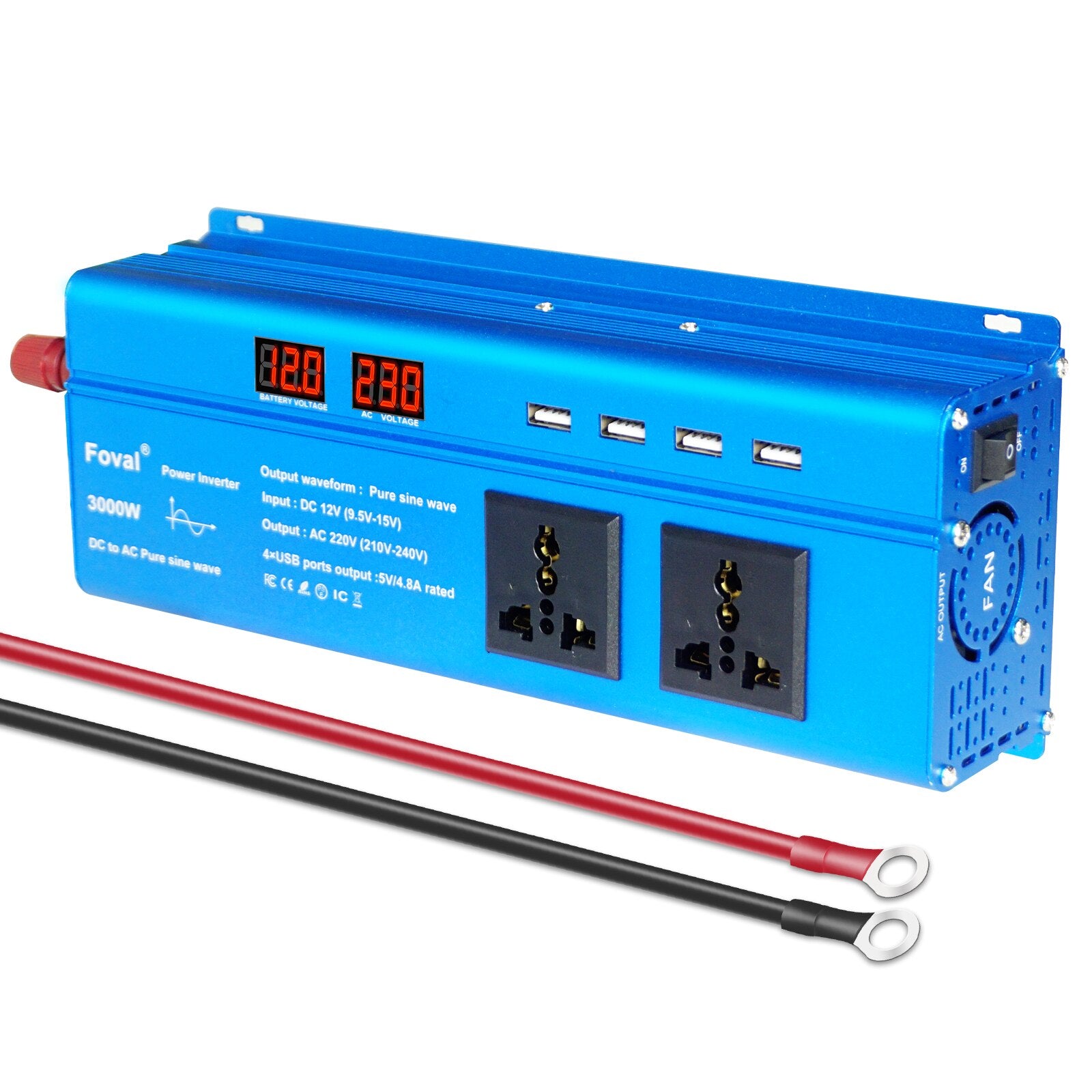 DC 12V to AC 220V Pure Sine Wave Inverter 1000W/1500W/2200W/2600W/3000W LED Voltmeter Converter Transformer Universal EU Socket