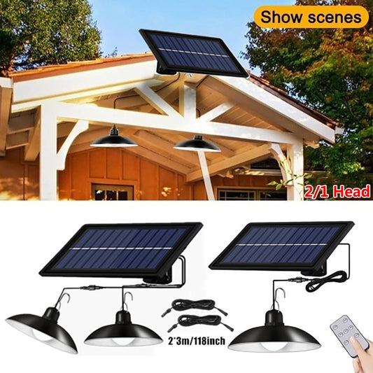 Solar Pendant Light Outdoor Waterproof LED Lamp Double-head Chandelier Decorations with Remote Control for Indoor Shed Barn Room