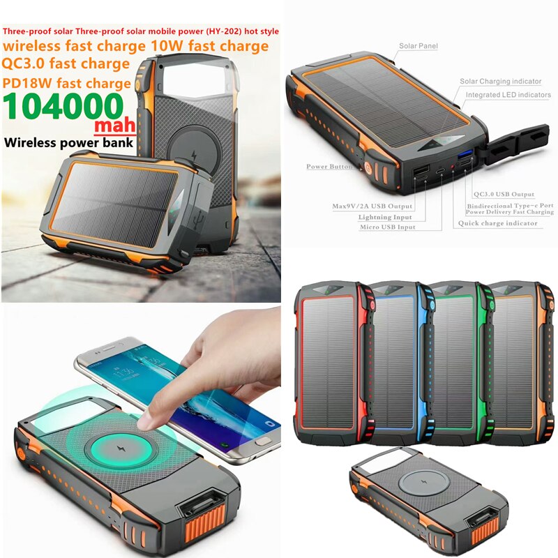 New upgraded version of solar wireless power bank 104000mah100000mahfast charging mobile power supply forHuawei Oppo Xiaomi ViVo
