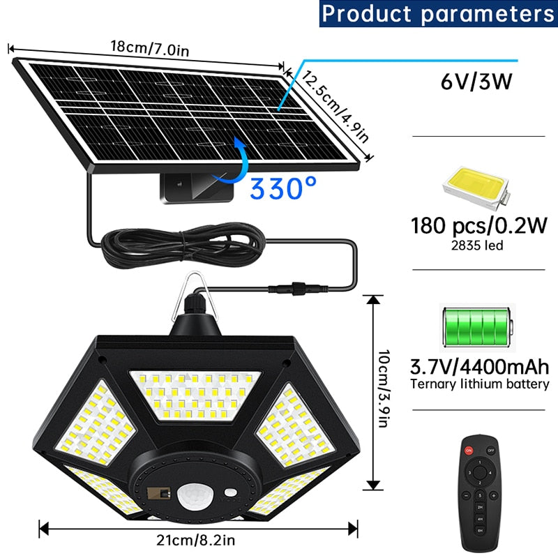 Solar Pendant Lights Outdoor Indoor with Remote 180LED Solar Shed Light Motion Sensor 5 Lighting Modes for Garage Patio Barn