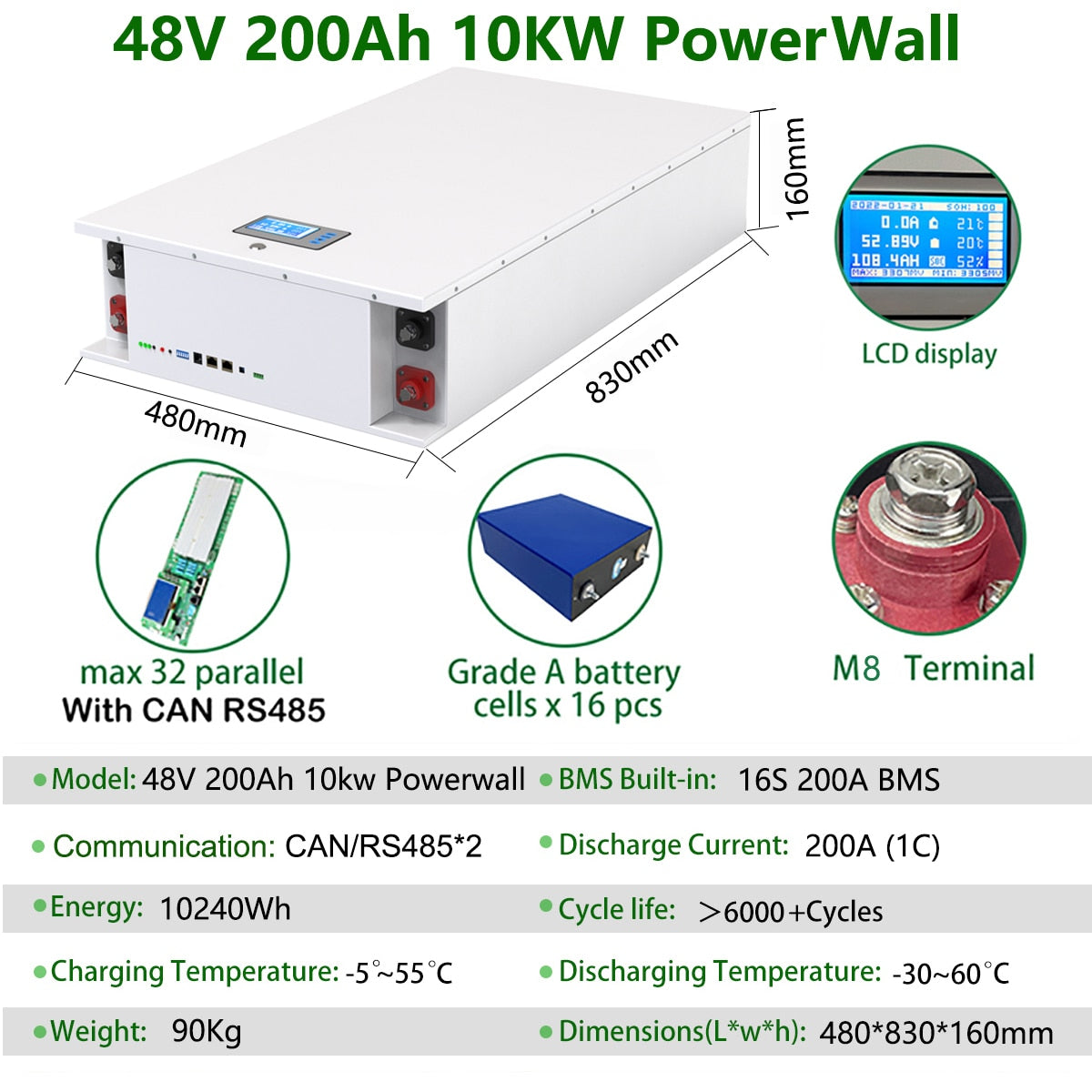 LiFePO4 Battery 48V 200Ah 10Kw Powerwall 51.2V Built-in BMS Parallel 320Kw With CAN RS485>6000 Cycles For Solar 10 Year Warranty