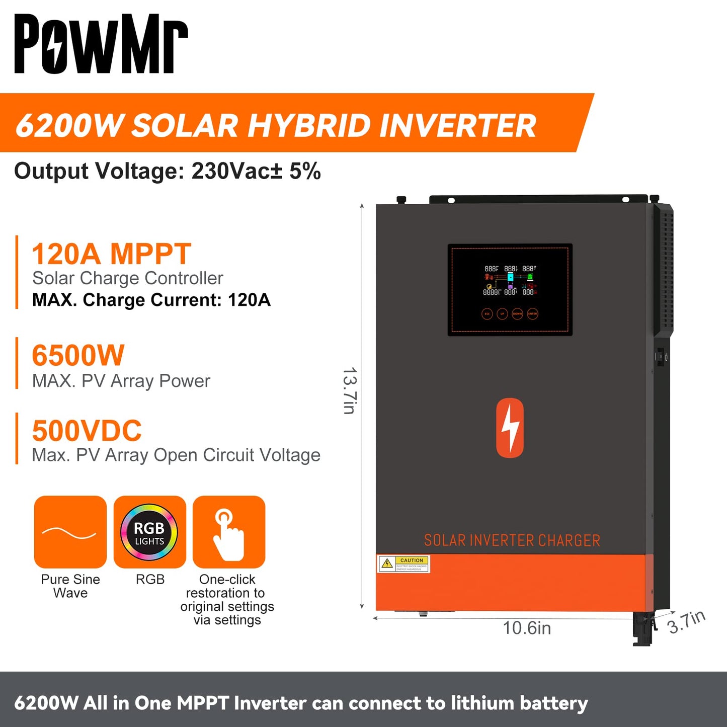 PowMr 6200W Grid Tied Inverter 48V 230VAC MPPT 80A Output With Max Solar Panel 500VDC Input Buid-in MPPT Solar Charge Controller