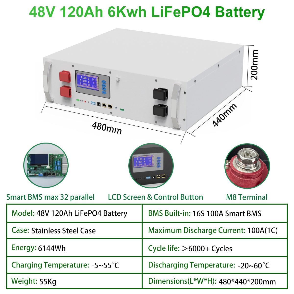 LiFePO4 48V 120Ah Battery Pack 6000 Cycle 6.14KWH RS485 CAN PC Monitor 16S BMS 51.2V 100Ah 200Ah PV Off/On Gird Inverter Battery