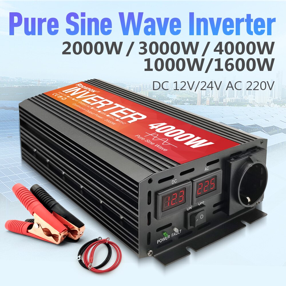 New Pure Sine Wave Inverter 1000W-4000W Power Solar Car Inverters With LED Display DC 12V 24V To AC 220V Voltage Converter