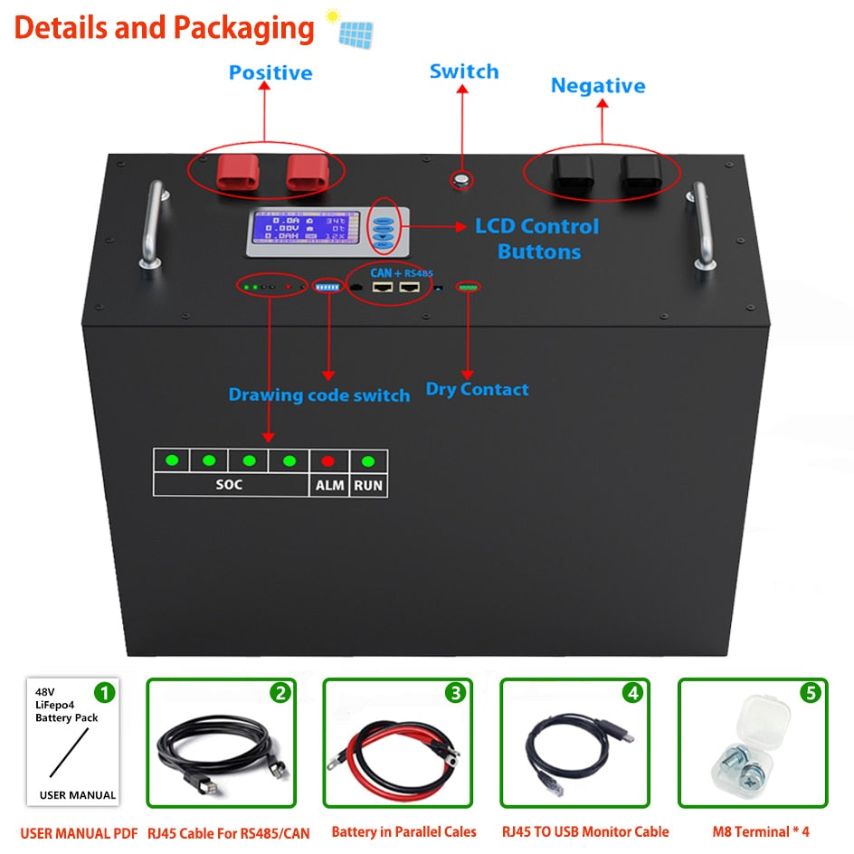 LiFePO4 48V 230Ah 200Ah 100Ah Battery Pack 51.2V 12Kw 10Kw 6000 Cycle Max 32 Parallel PC Monitor Inverter Battery With CAN RS485