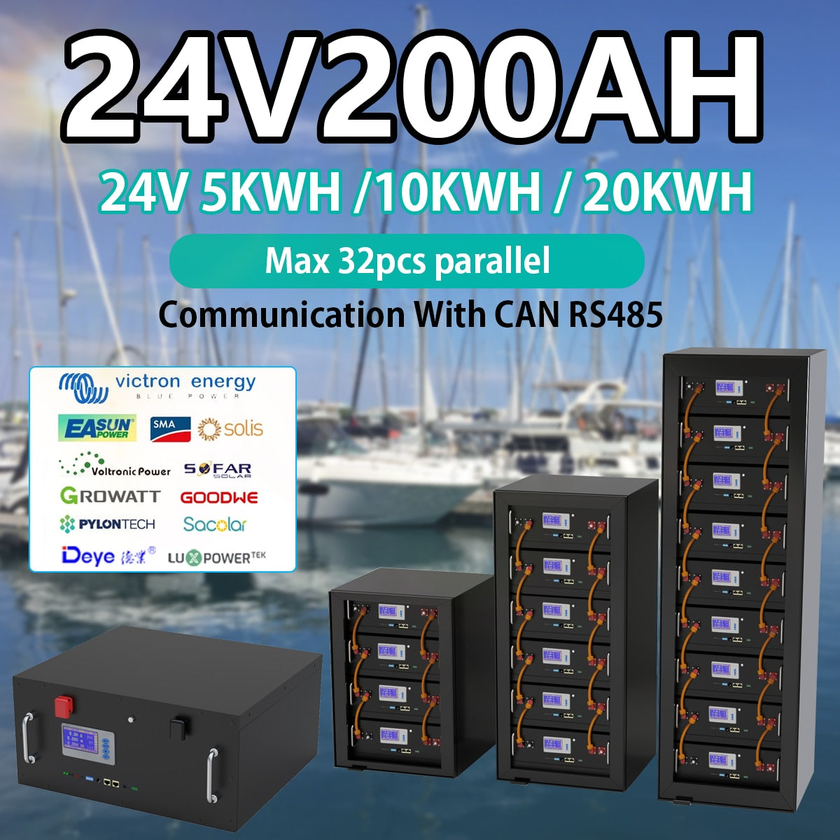 LiFePO4 24V 5KW Battery Pack - 29.2V 200AH Lithium Solar Battery 6000+ Cycles Max 32 Parallel With RS485/CAN Com For 24V Inverter