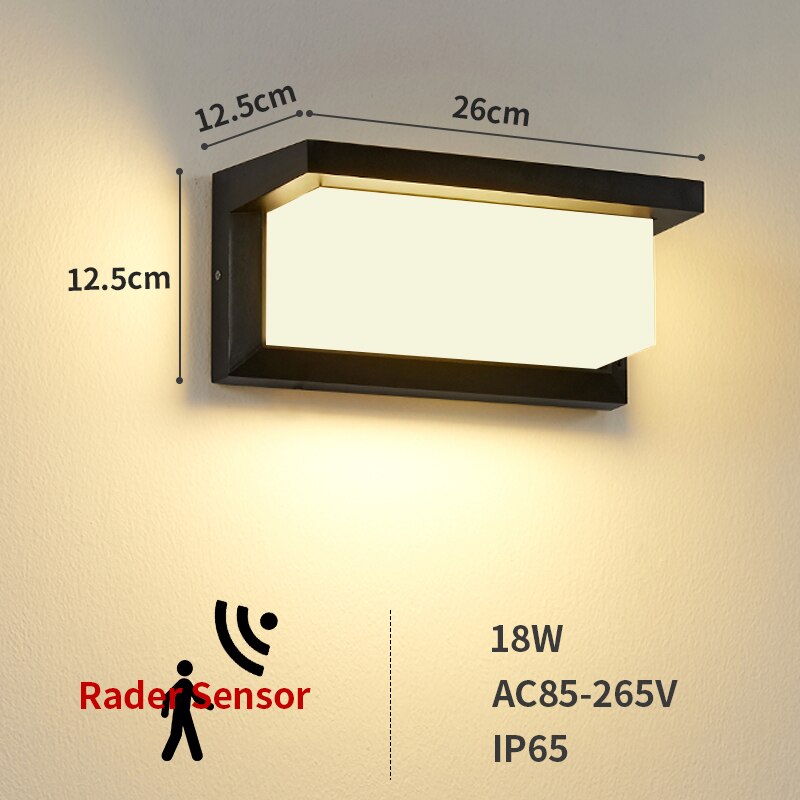 Lámpara LED de pared para exteriores, impermeable, IP65, Sensor de Radar, iluminación, luces de porche montadas en superficie, balcón, jardín, aplique de 12W, 18W, 30W