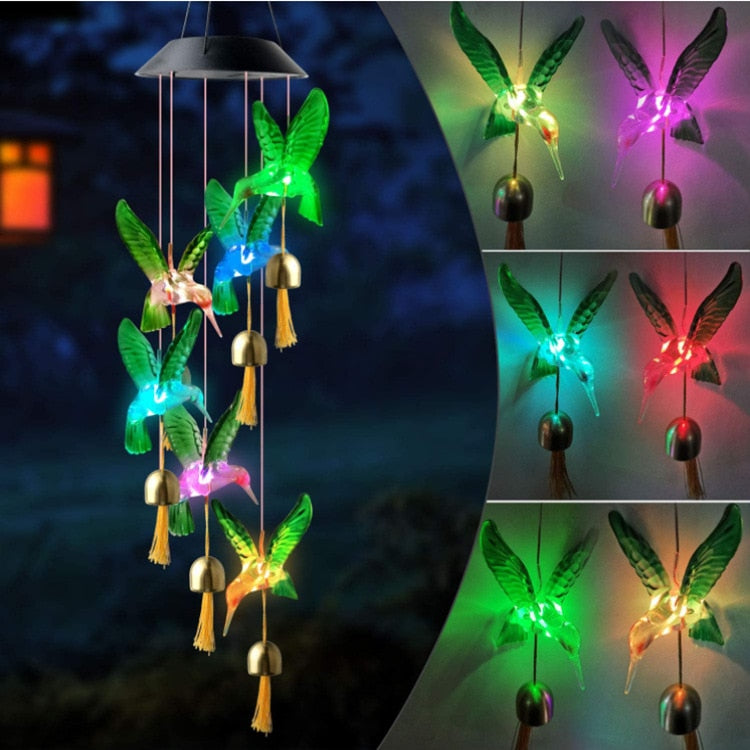 New Solar Power Wind Bells Chime Crystal Ball Hummingbird Butterfly Dragonfly Waterproof Outdoor Light for Patio Yard Garde