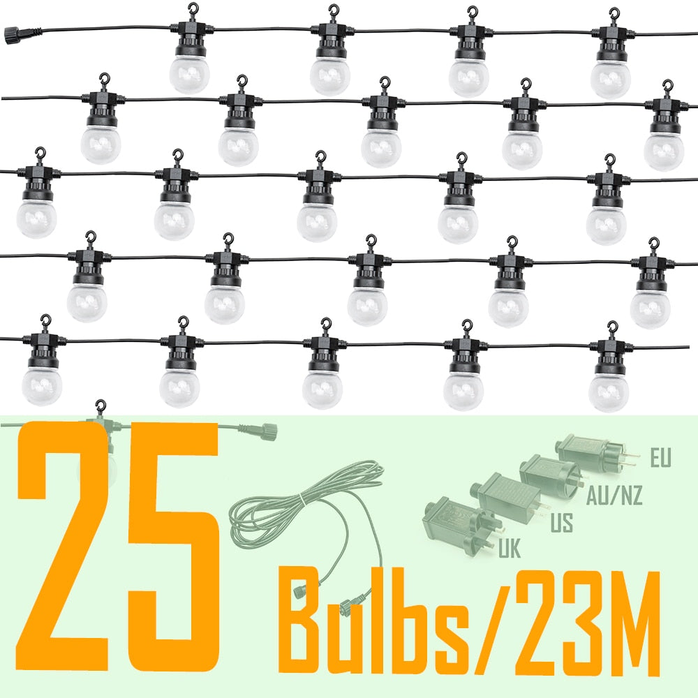 25M 25 LED Bulb String Lights Waterproof Connectable Christmas Holiday Lights Outdoor Party Wedding Christmas Garland Decoration