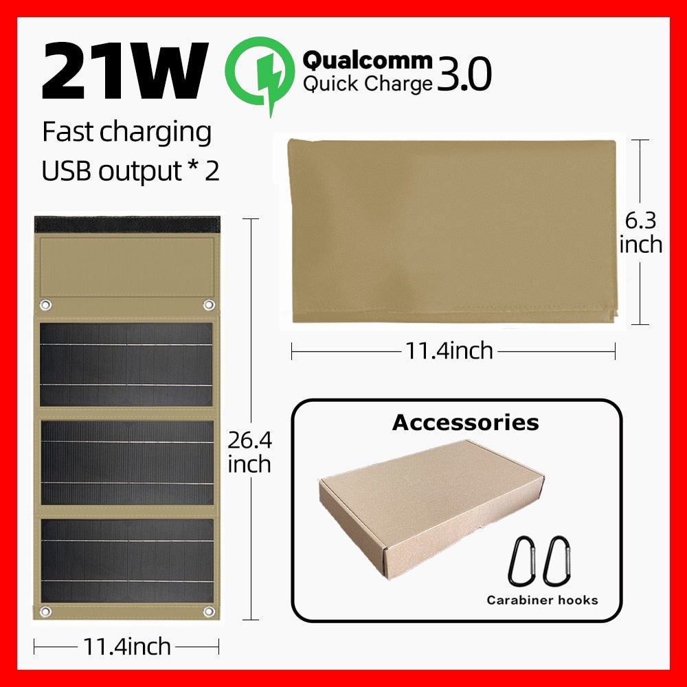 21W Solar Panel, 21W Quickcoarge 3.0 Fast charging USB output 2
