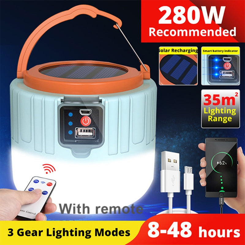 Solar LED Camping Light Waterproof Rechargeable Tent Lamp Portable Lanterns Emergency Lights Market Lamp Energy Saving Bulb