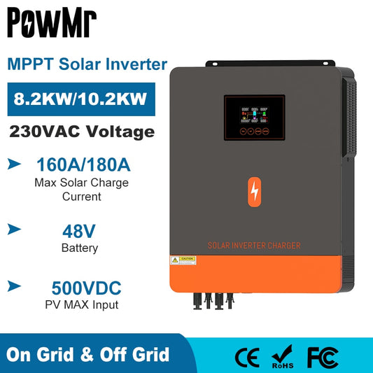 PowMr 10200W 8200W On Grid Inverter 48V 230V Hybrid Solar Inverter Off Grid Pure Sine Wave Inverter with MPPT 160A 180A Charger